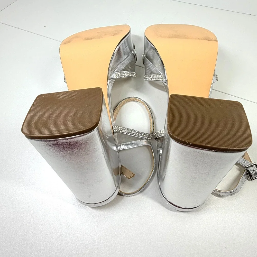 Nina Platform Sandals Women 9.5M Silver Rhinestone Block Heel Dress Shoes - Picture 8 of 9